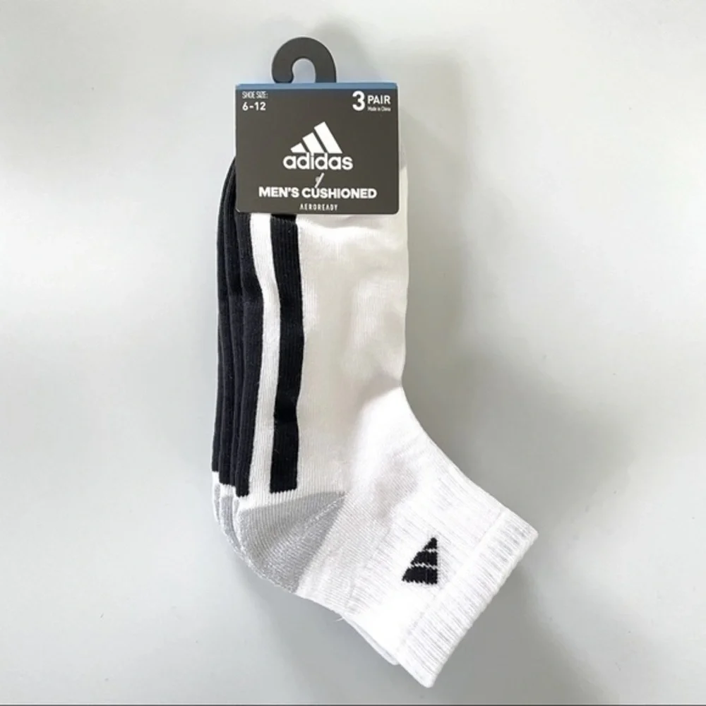Adidas men’s quarter socks 3 pairs size 6-12 white black gray